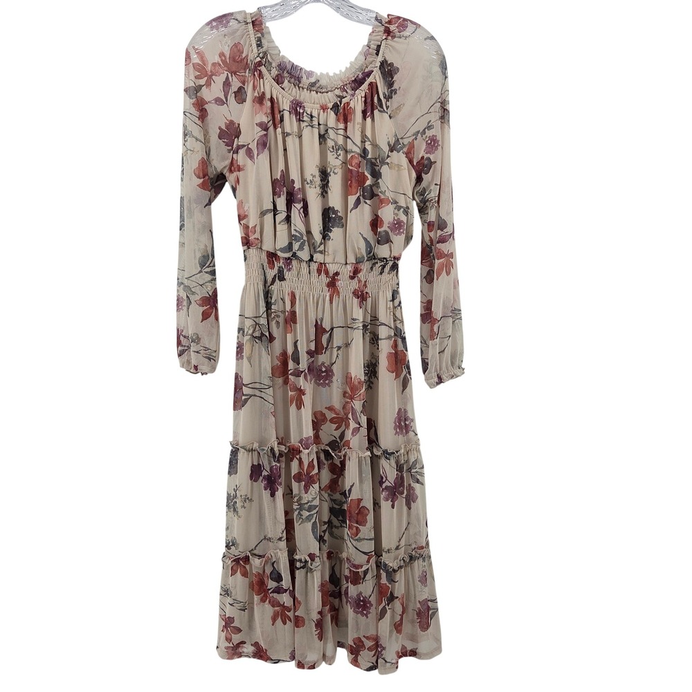 Kate and Lily Floral Mesh Midi Dress 8 Beige Tiered Boho‎ Cottagecore